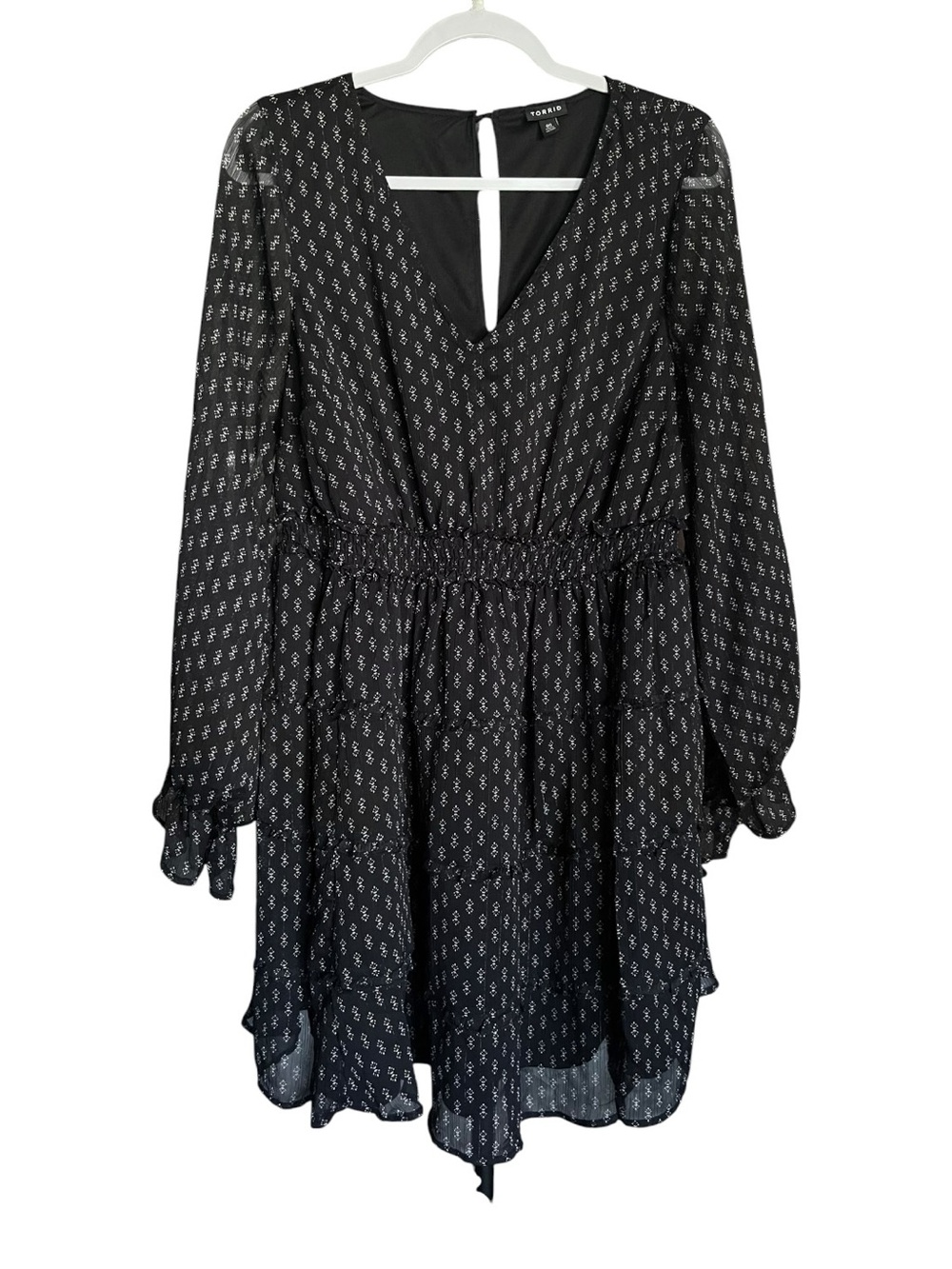 Torrid Mini Lurex Chiffon Tiered Dress Black Long Sleeve Size 00 Plus Boho - Picture 3 of 14